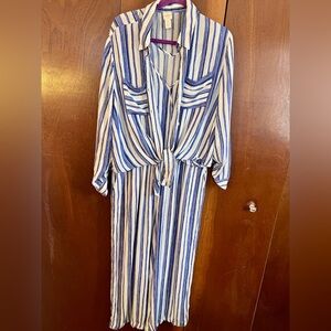 Chico's Blue/White Striped V-Neck romper with matching tie front shirt. Size 3